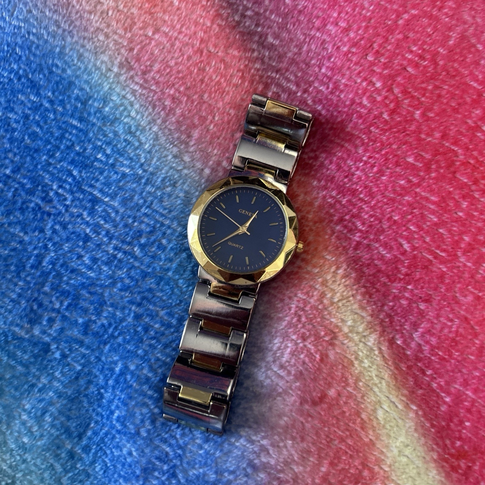 Geneva Quartz Blue Face and Gold and Silver Tone Band Watch