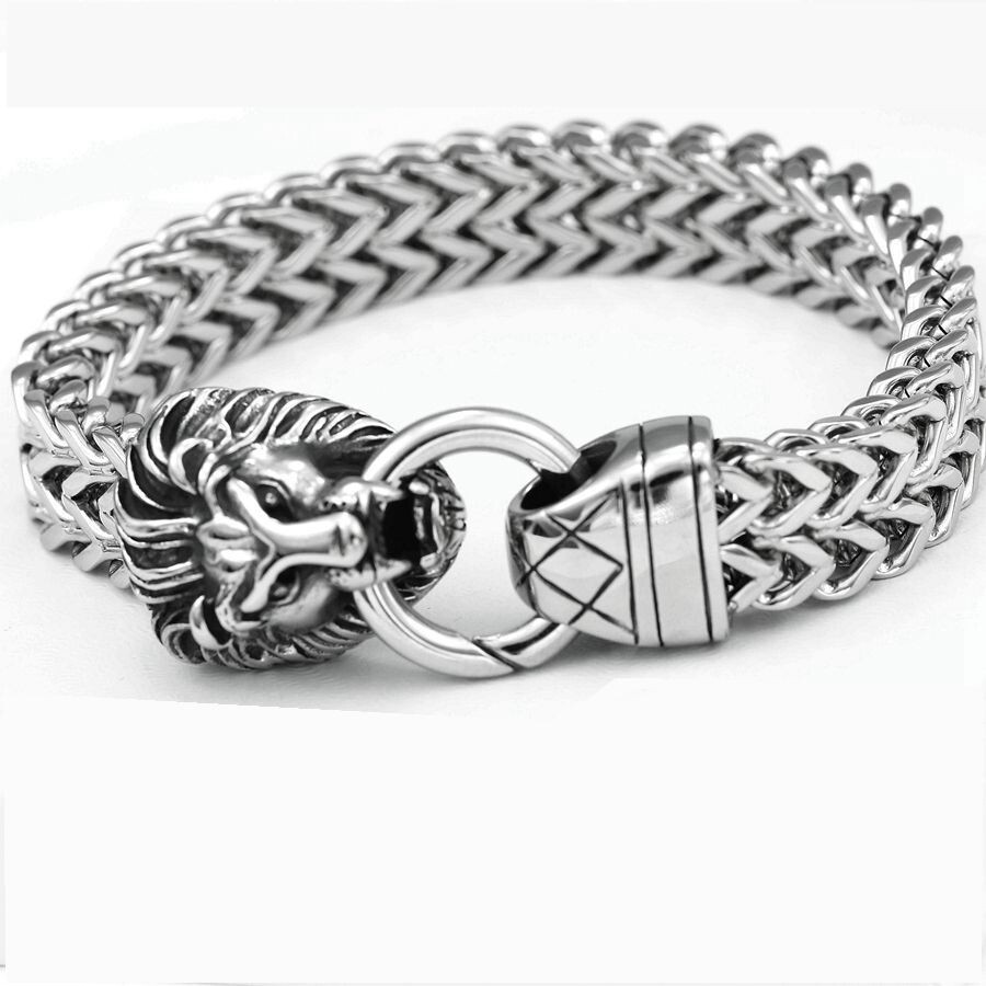 Men 8.5″Stainless Steel,Lion Head Width Franco Chain Bracelet*High Polish BOX