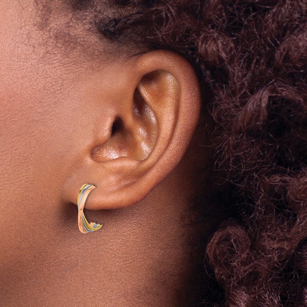 15.4mm 14K Twisted Tri-color Gold Hoop Post Earrings