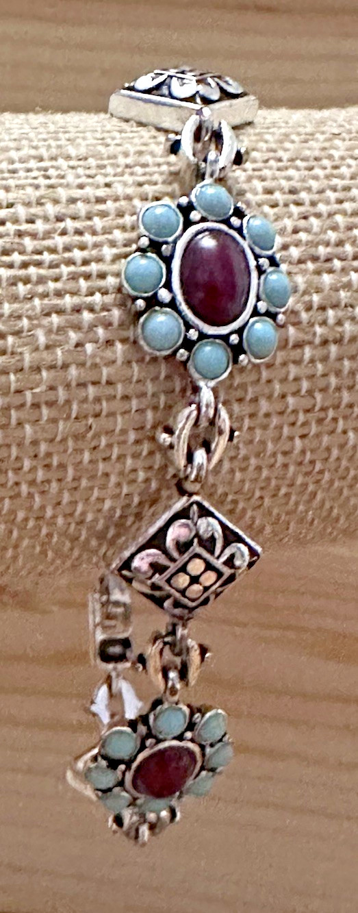 Silver Tone Turquoise & Red Floral Scroll Link Bracelet Western 7.5” Push Lock