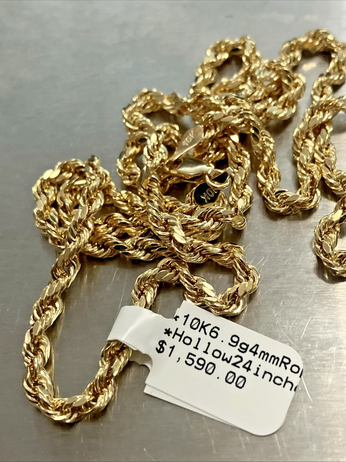 10kt Real Gold SemiSolid/Hollow Rope Necklace 6.9grams 4mm 24″ GND Brand NWT 10K