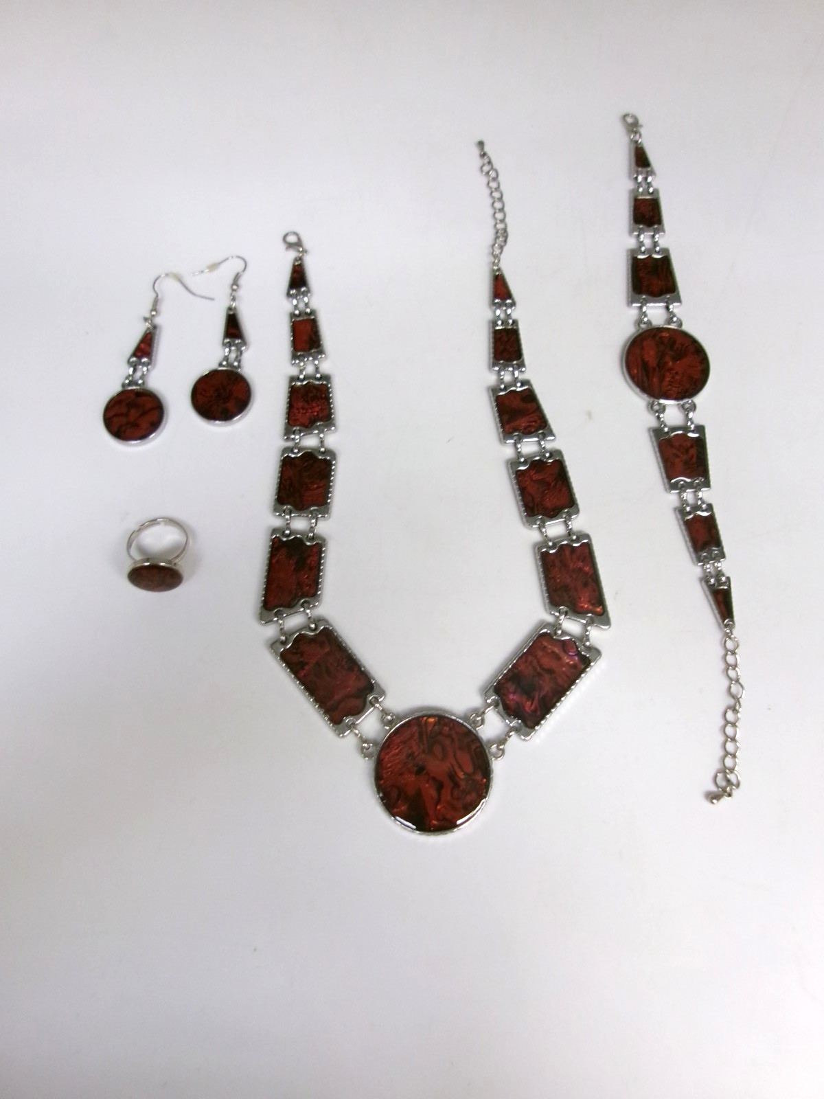 Red Abalone Necklace, Bracelet, Earrings, and Ring Set
