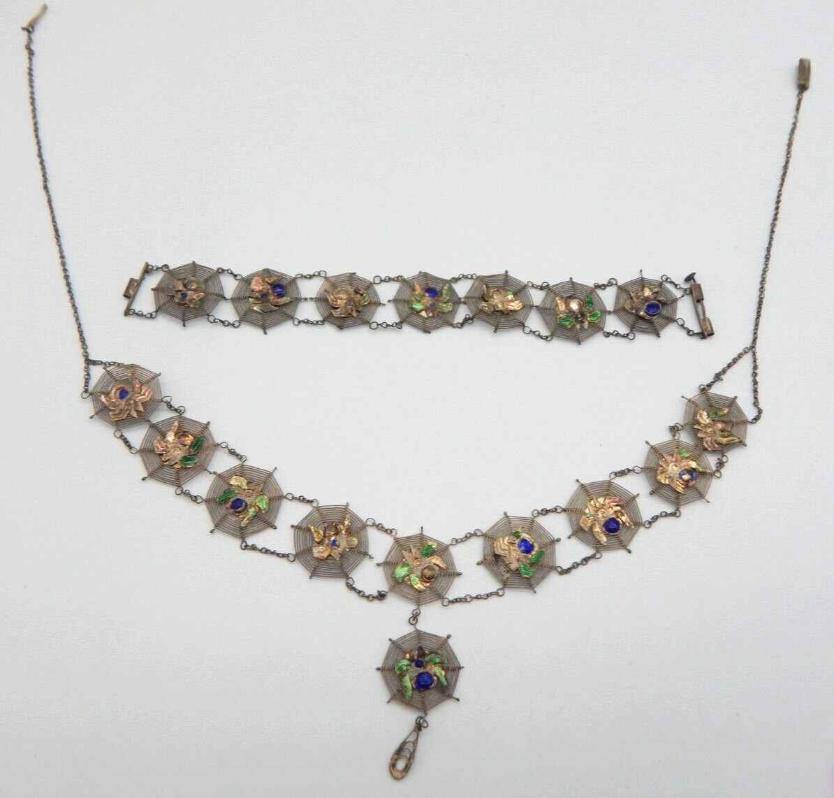 VTG 1940s Asian Silver Spiders on Spider Webs Necklace and Bracelet Set (CF110)