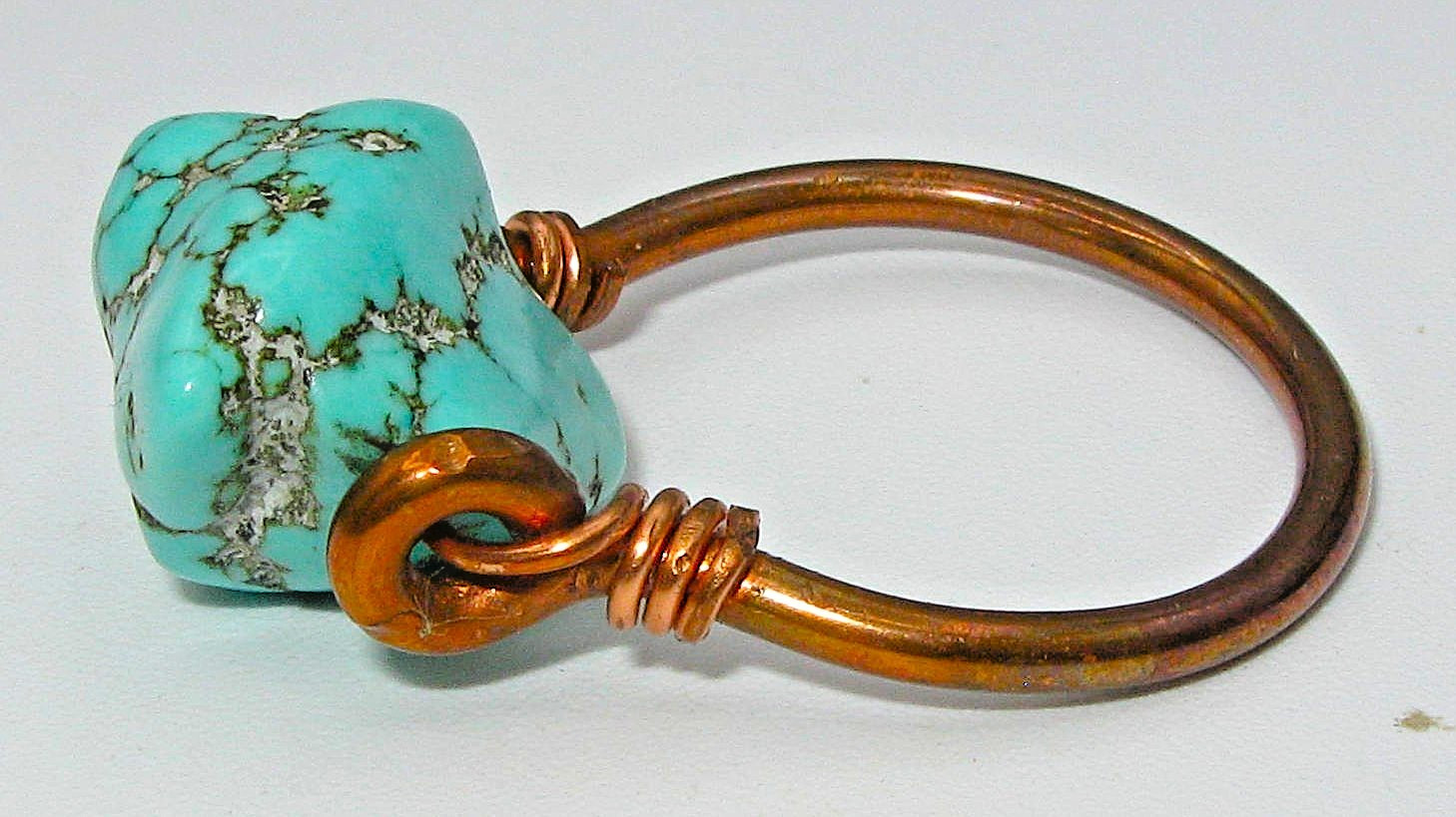 Rustic Handcrafted Copper Ring Simulated Turquoise Howlite Size 9.5 in Boho