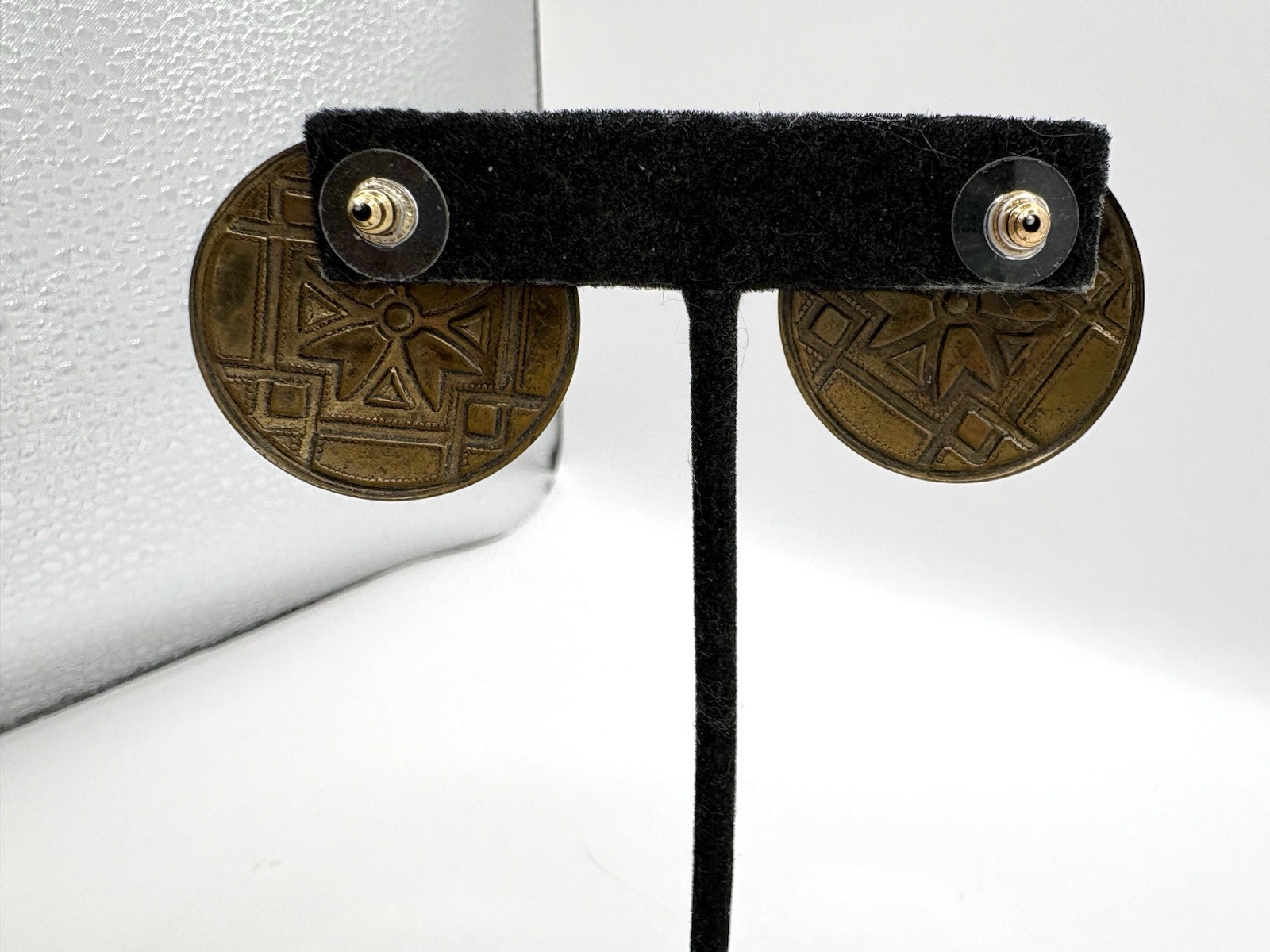 Aged Brass Multi Colored Enamel Quilt Pattern Stud Pierced Earrings