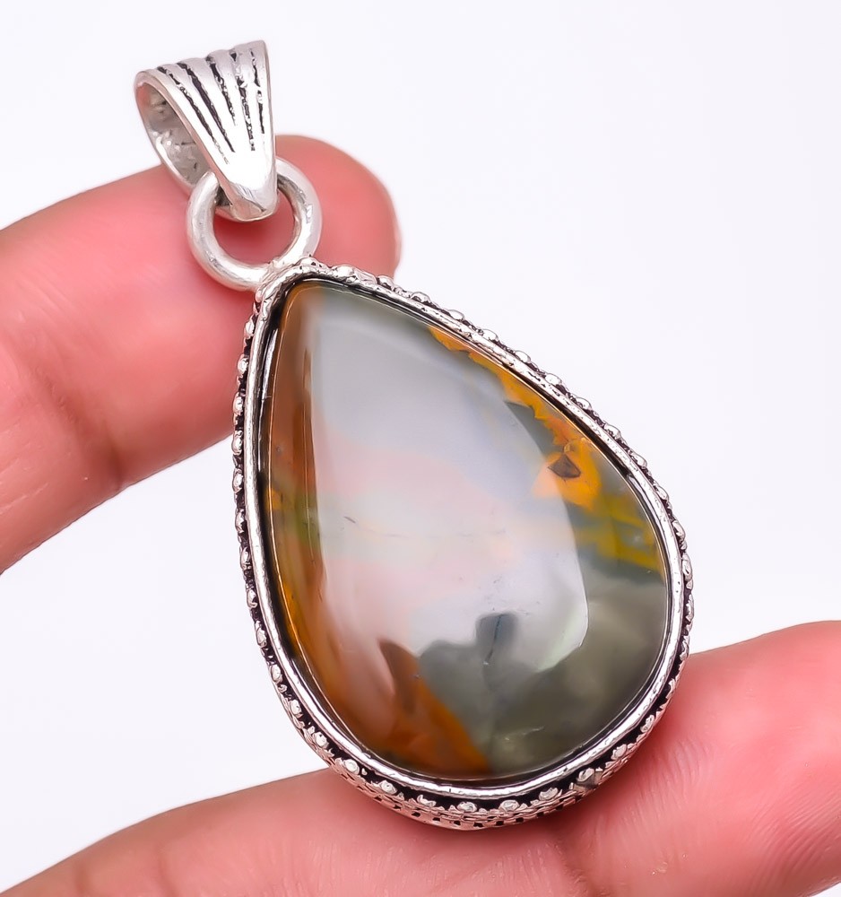 Natural Polychrome Jasper Gemstone 925 Silver Plated Jewelry Pendant 1.8″ M159