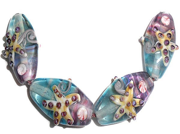Handmade Lampwork Glass Bead Starfish Blue Sea Shell 28 mm Long Oval 4 Beads