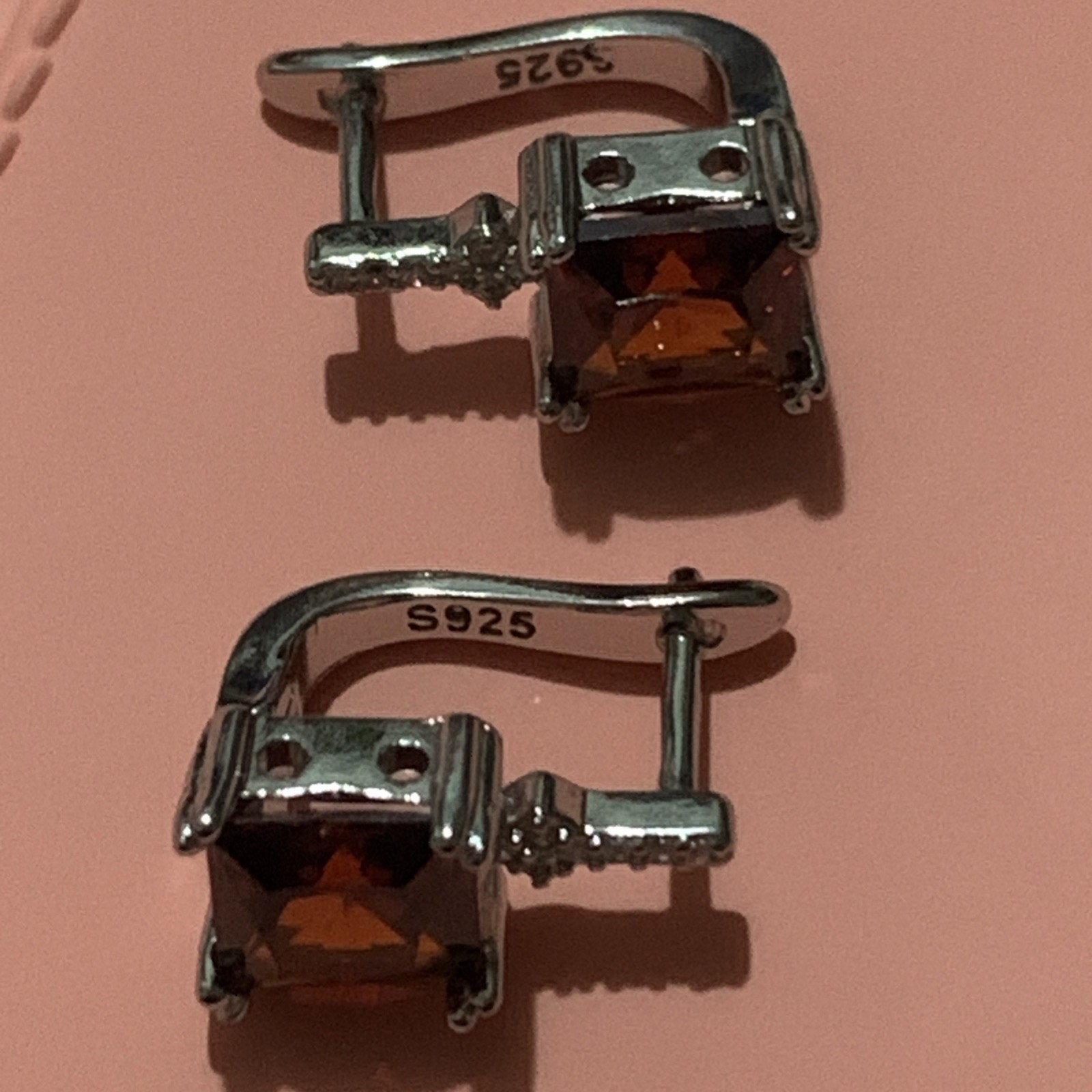 Sterling Silver 925 Burnt Orange Baguette Huggie Earrings Ear • SS Marked NEW