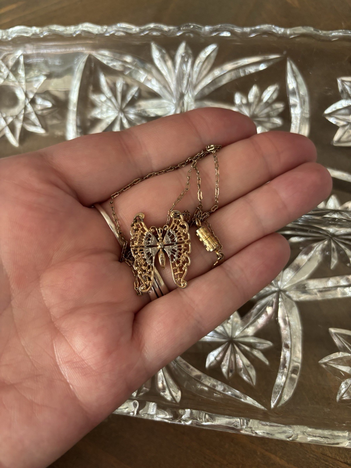 Vintage 1928 Butterfly Mixed Metal Tone/Gold Tone Filigree Necklace