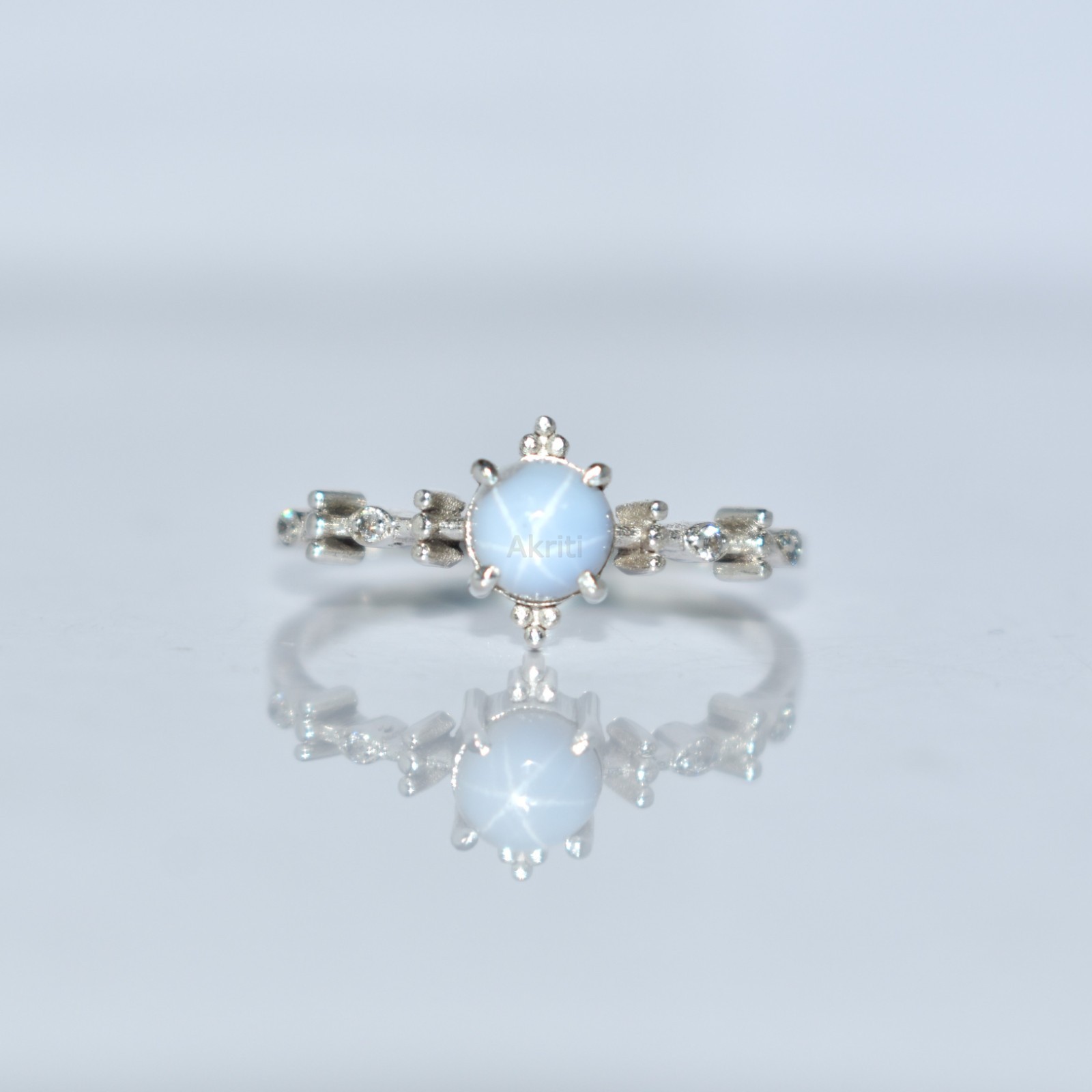 Forest Style White Lab Lindy Star Sapphire & CZ Diamond 925 Sterling Silver Ring