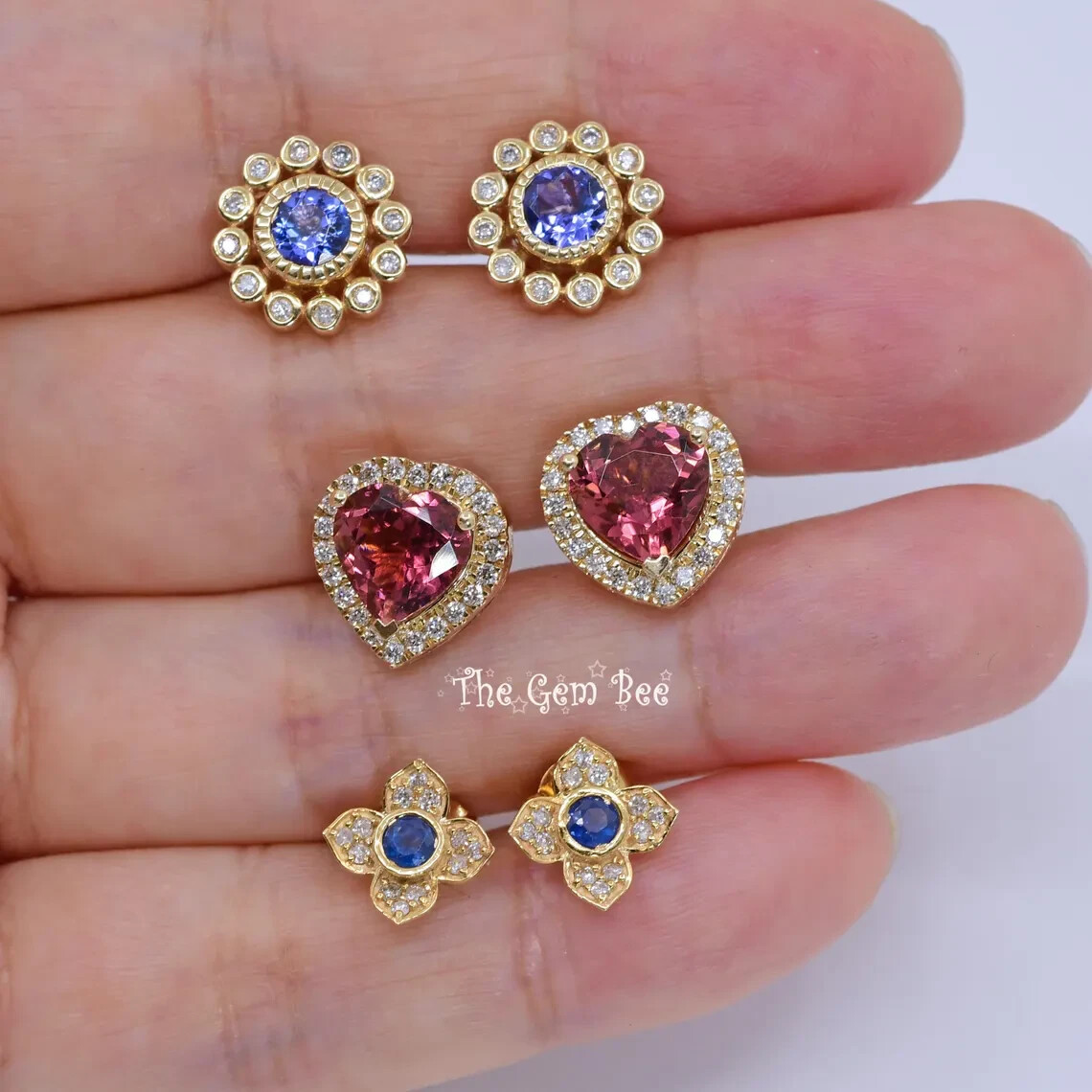 11.6mm 14k Yellow Gold 3.22CT Pink Tourmaline Heart Diamond Halo Ear Stud Post