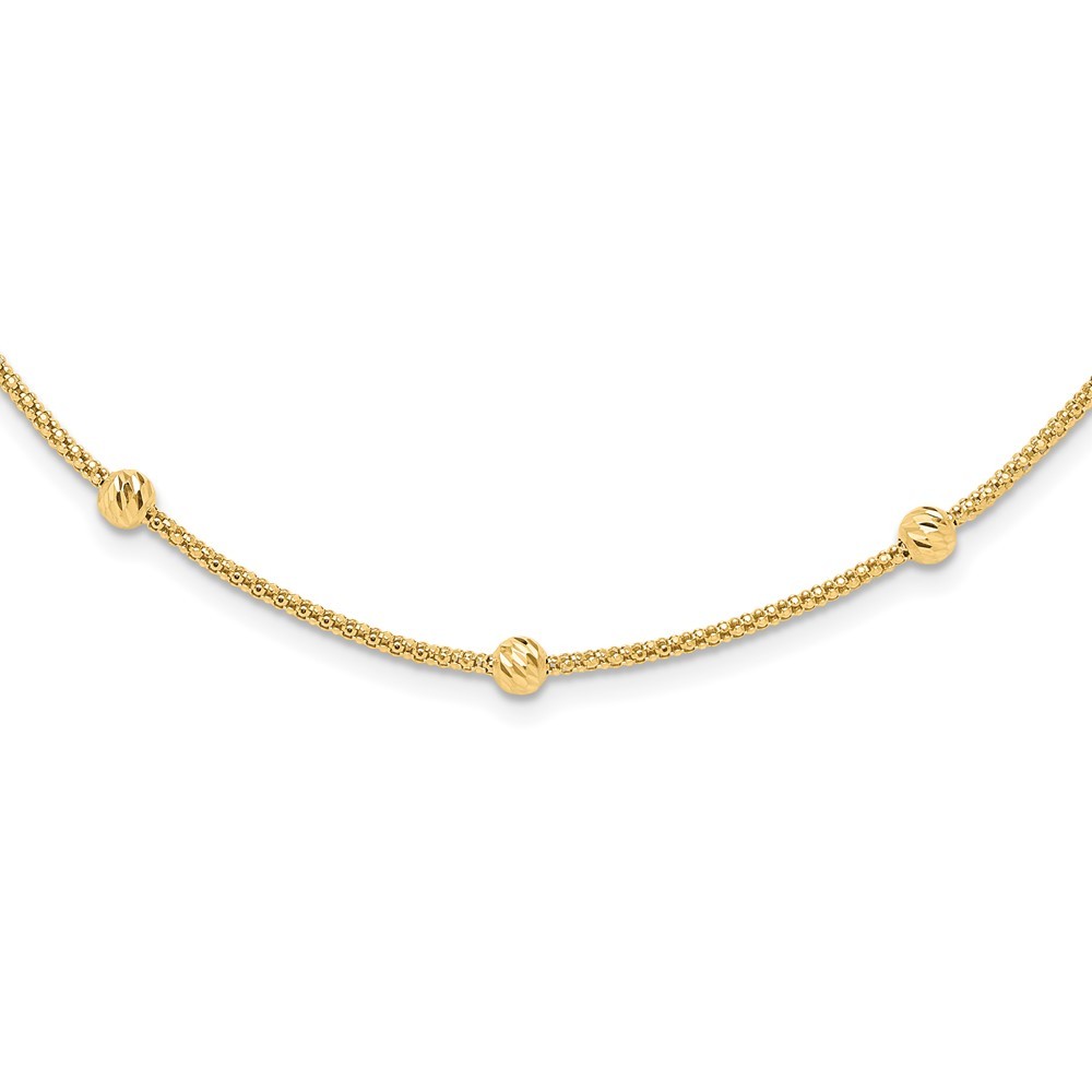 14K Yellow Gold Polished Diamond-cut Beads and Mesh Chain Necklace 17″