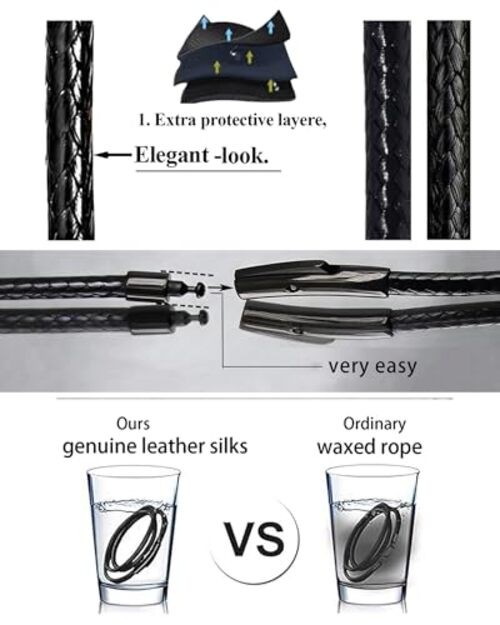 Waterproof Braided Leather 2MM/3MM/4MM/5MM ，14″ to 42″ 20 x 0.12 inches Black
