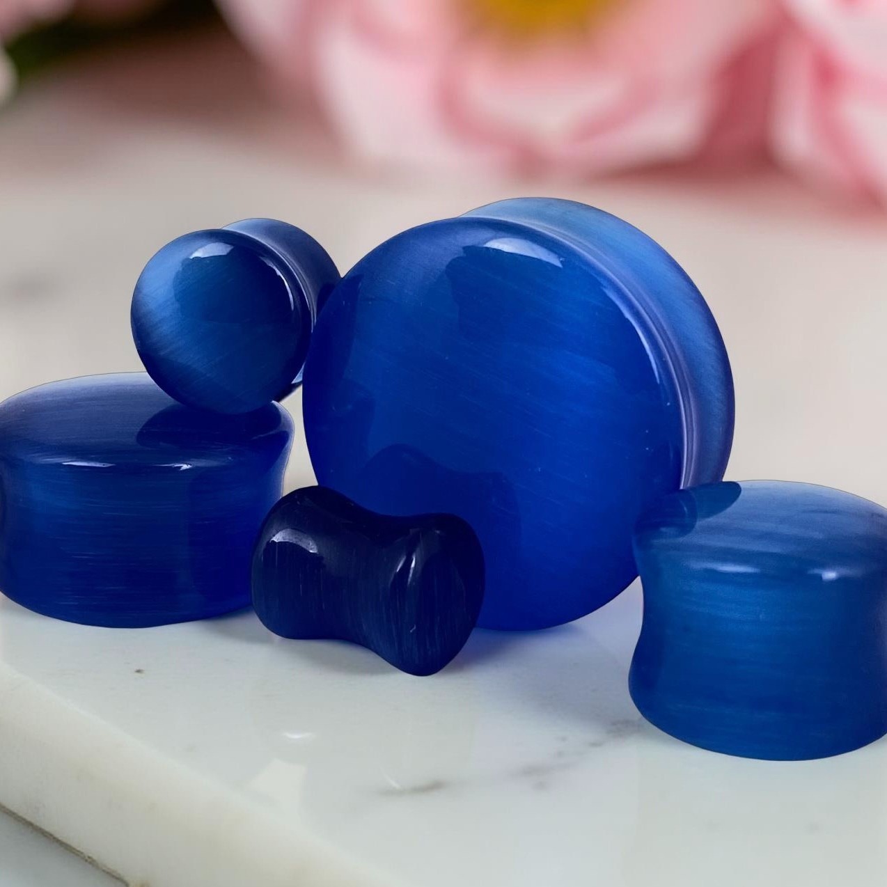 Blue Cat Eye Stone Double Flare Plugs (STN-665) set ear gauges PICK SIZE