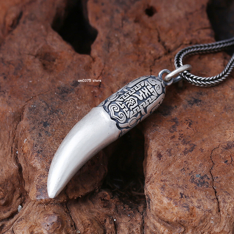 Real 990 Pure Silver Pendant Men’s Wolf Tooth Lucky Fine Silver Pendant 2inch