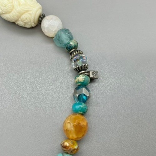 Mixed Bead Necklace Womens Teal Boho Artisan Lace Pendant Toggle Clasp 21 Inch