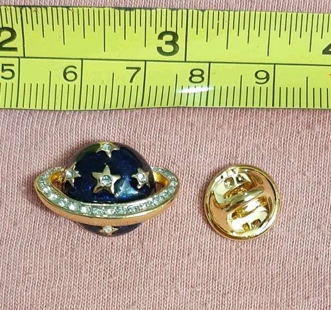 CUTE Blue Planet With Rhinestone Ring and Stars Lapel Pin Space Cosmos