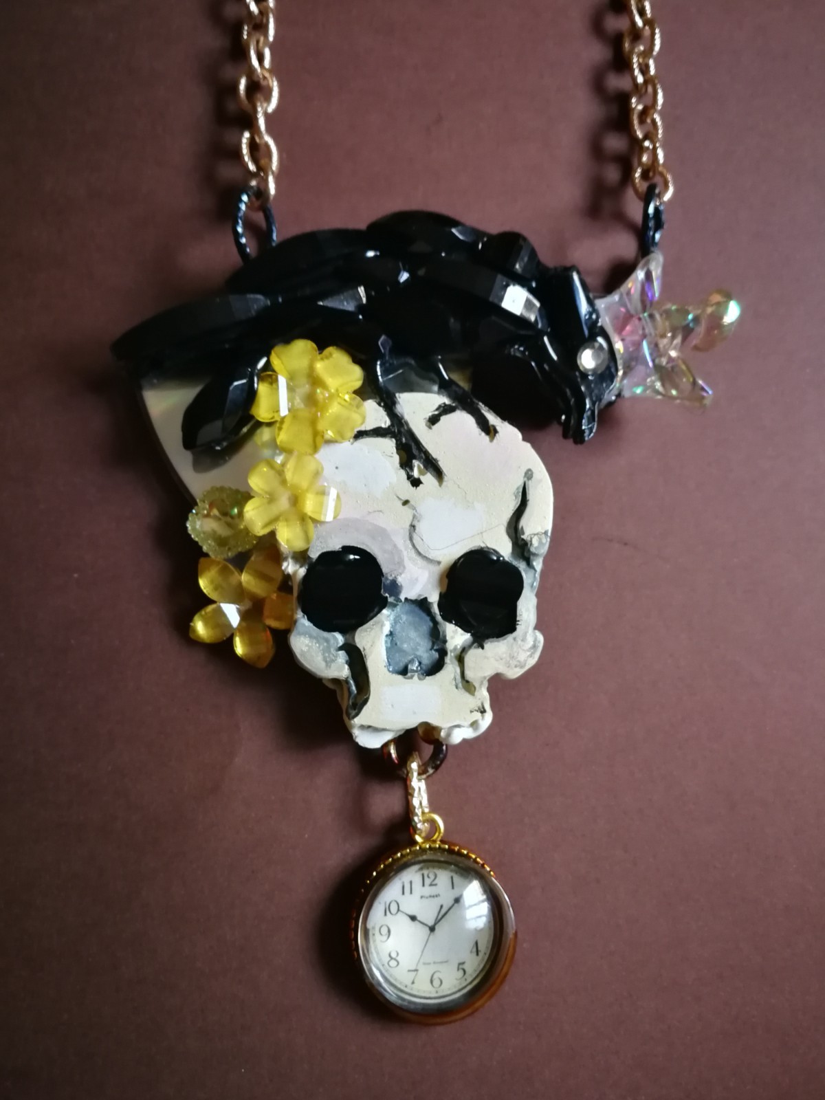 Magic Talisman Black Raven Crow Necklace Skull Pendant Amulet Memento Mori Clock