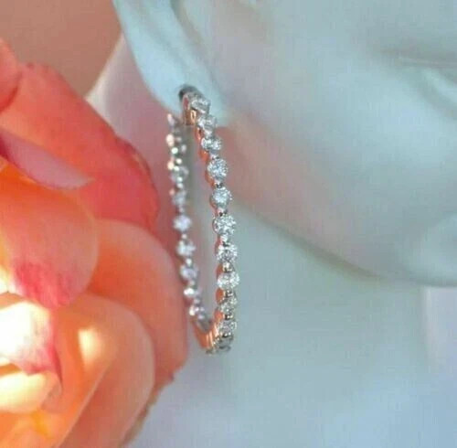 3.00 Ct Lab Created Diamond Inside Outside Hoop Earrings 14K White Gold Plated