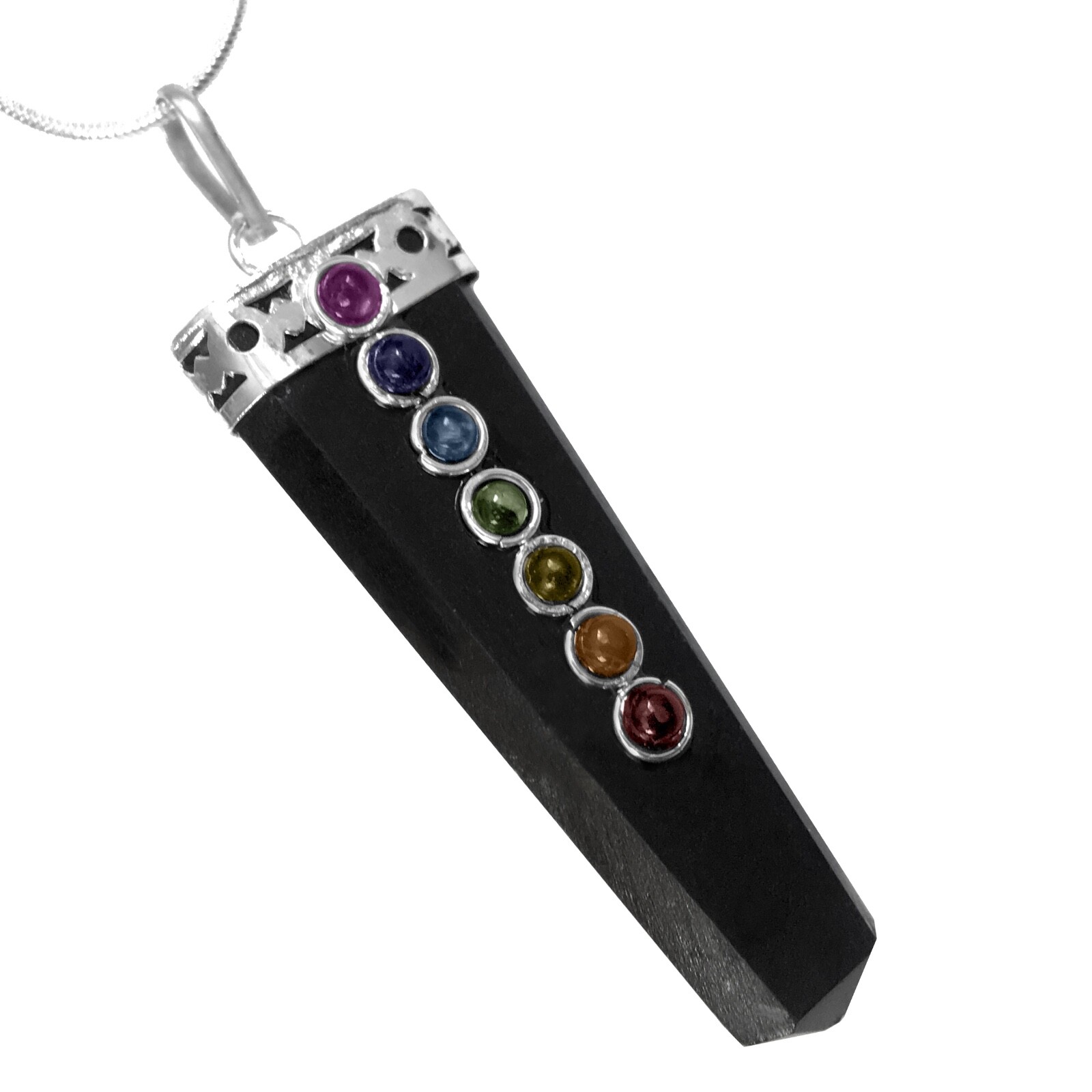 Obsidian 7 Chakra Pendant Silver Crystal Gemstone Necklace Reiki Healing CHARGED