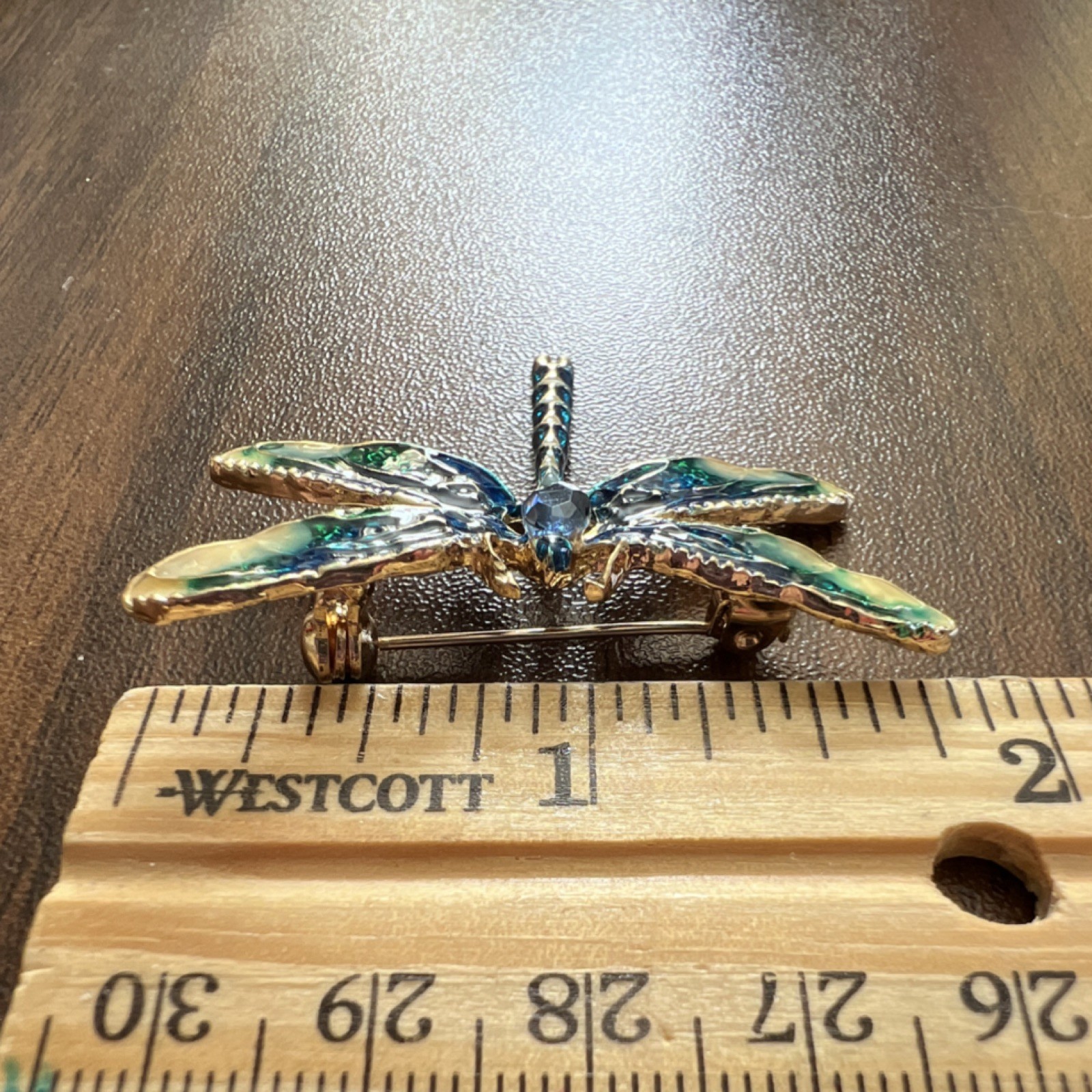 Dragonfly Brooch, Blue Green Gold Enamel Metal, Glass Oval Stone, 2 Inch