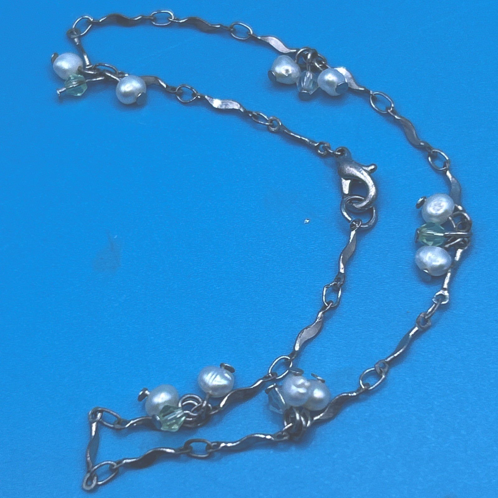 Vintage Silvertone Fresh WaterPearl Dangle Anklet Wave Chain 9.5 Inches