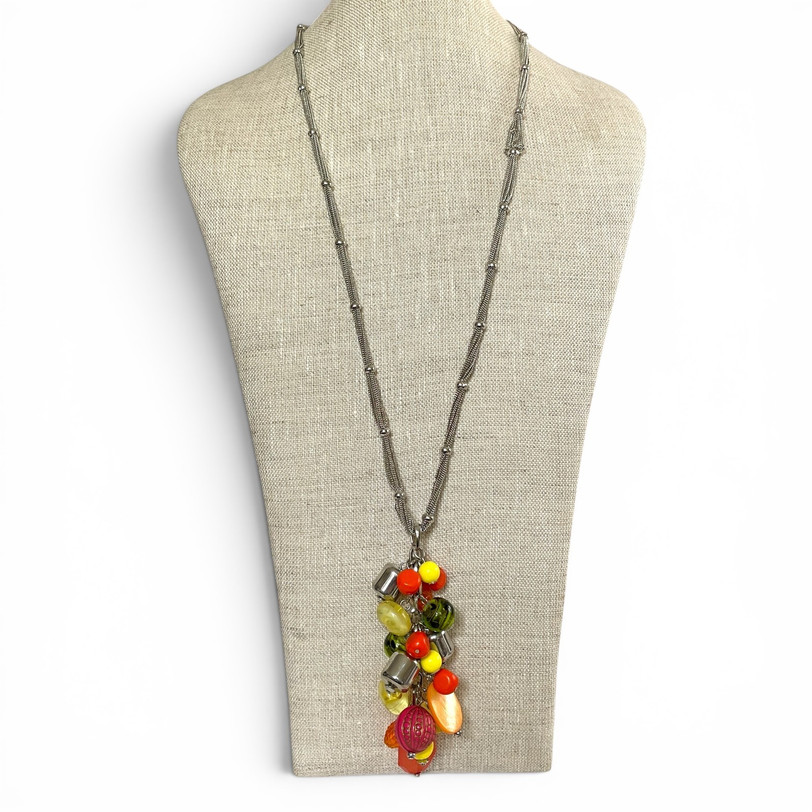 Chico’s Fruit Salad Cha Cha Necklace Colorful Beaded Pendant 30″ Y2K