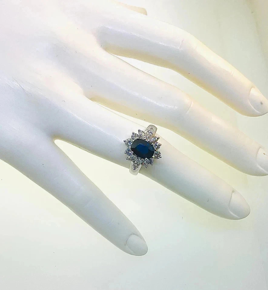 Oval Natural Blue Sapphire 4.90 Ct Diamond Wedding Ring 14K White Gold Size 6 7