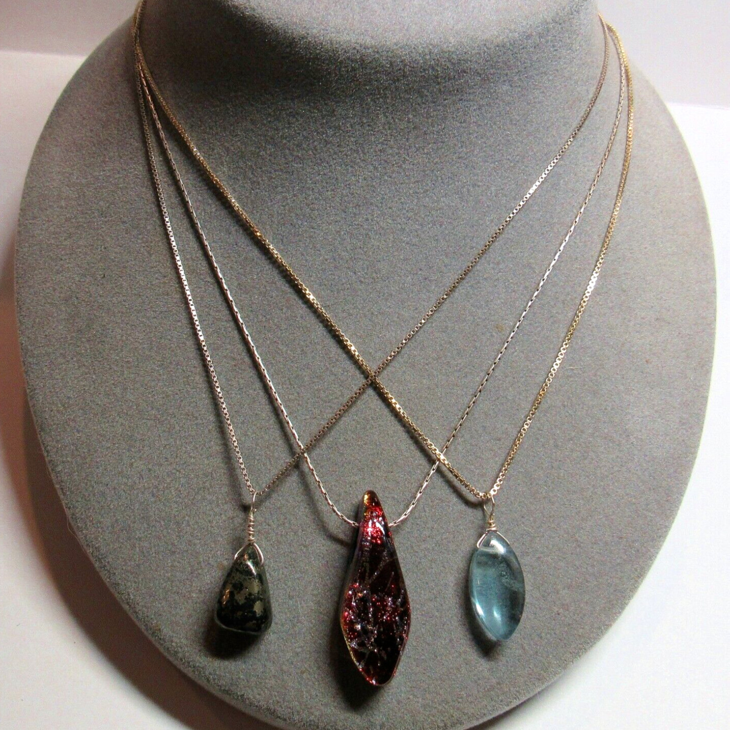 3 PC Pendant Necklace Lot Sterling 925 Silver Fluorite Pyrite Stone Glass 17.0g
