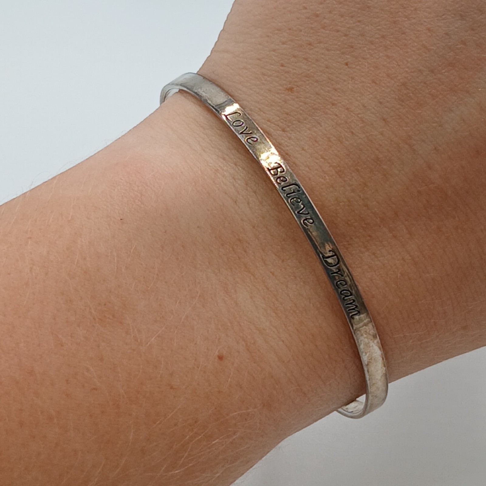 925 NVC Cuff Bracelet 2.5″ Narrow Sterling Silver 7g Engraved Love Believe Dream