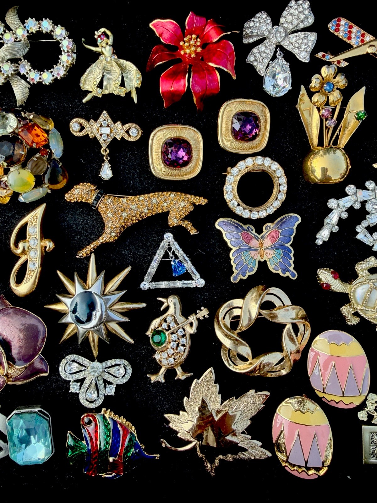 Vintage Large Brooch Pin Lot Rhinestone Enamel Colorful Signed Unsigned Mix 77p