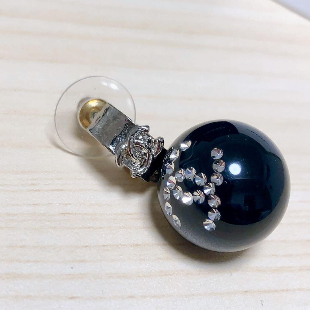 CHANEL Earrings Black Silver Coco Mark Logo Ball Rhinestone Resin Accessory
