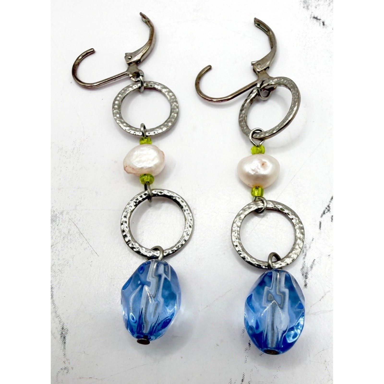 Blue Glass Pearl Dangle Earrings Hammered Silver Tone 2.5″ Watch Video