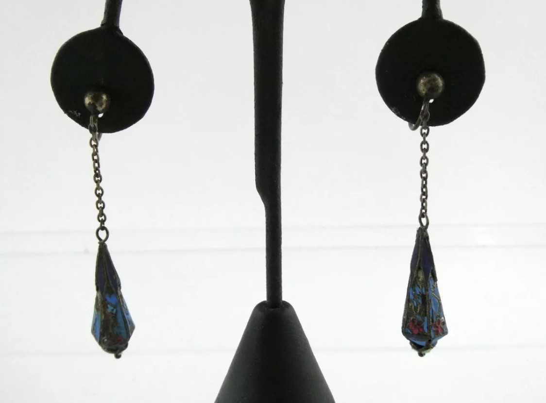 Rare Antique Chinese Kingfisher Bird Feather Silver Drop Dangle Earrings