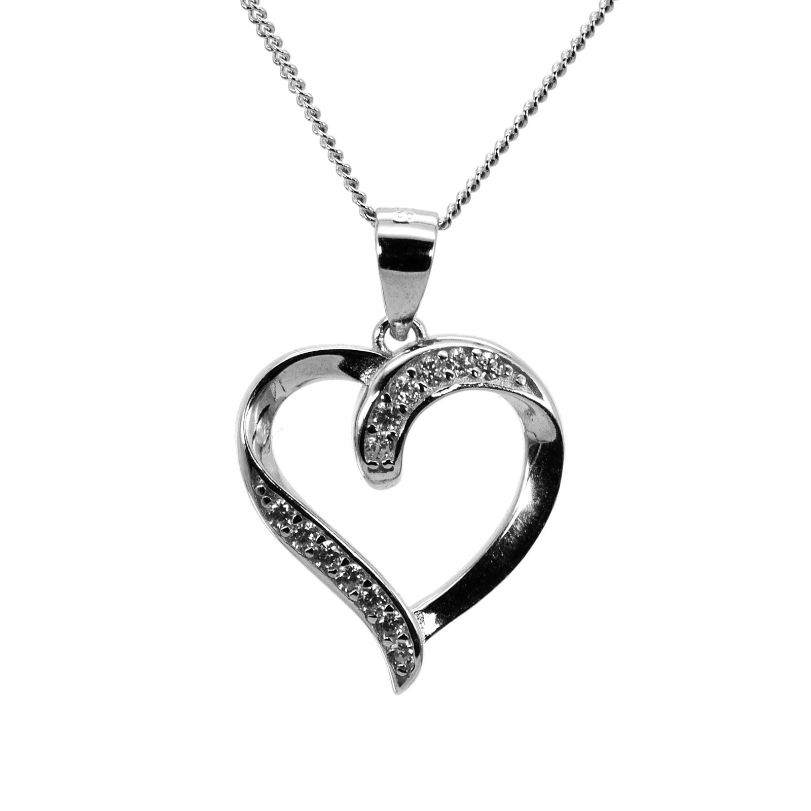 Curb Chain Cuba Necklace Pendant Heart Zircon 925 Sterling Silver Women