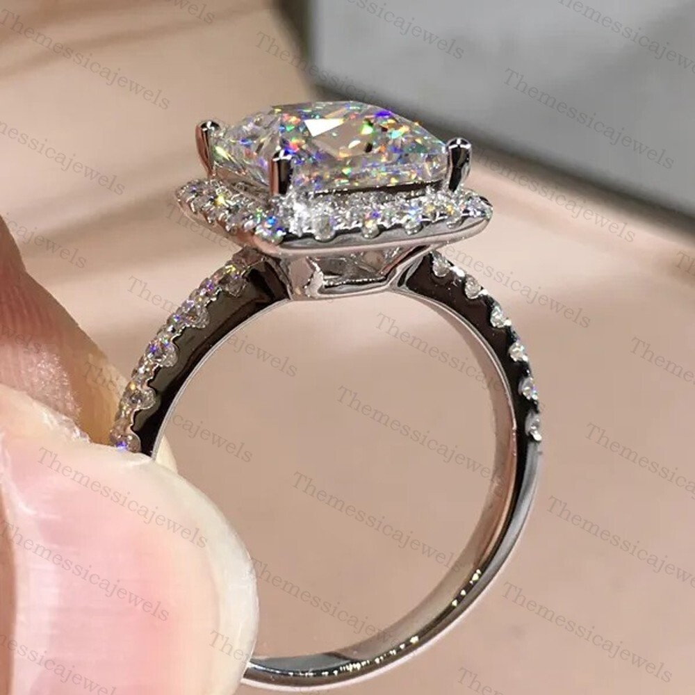 2.76 TCW Princess Cut Moissanite Halo Engagement Ring In 14k White Gold Plated