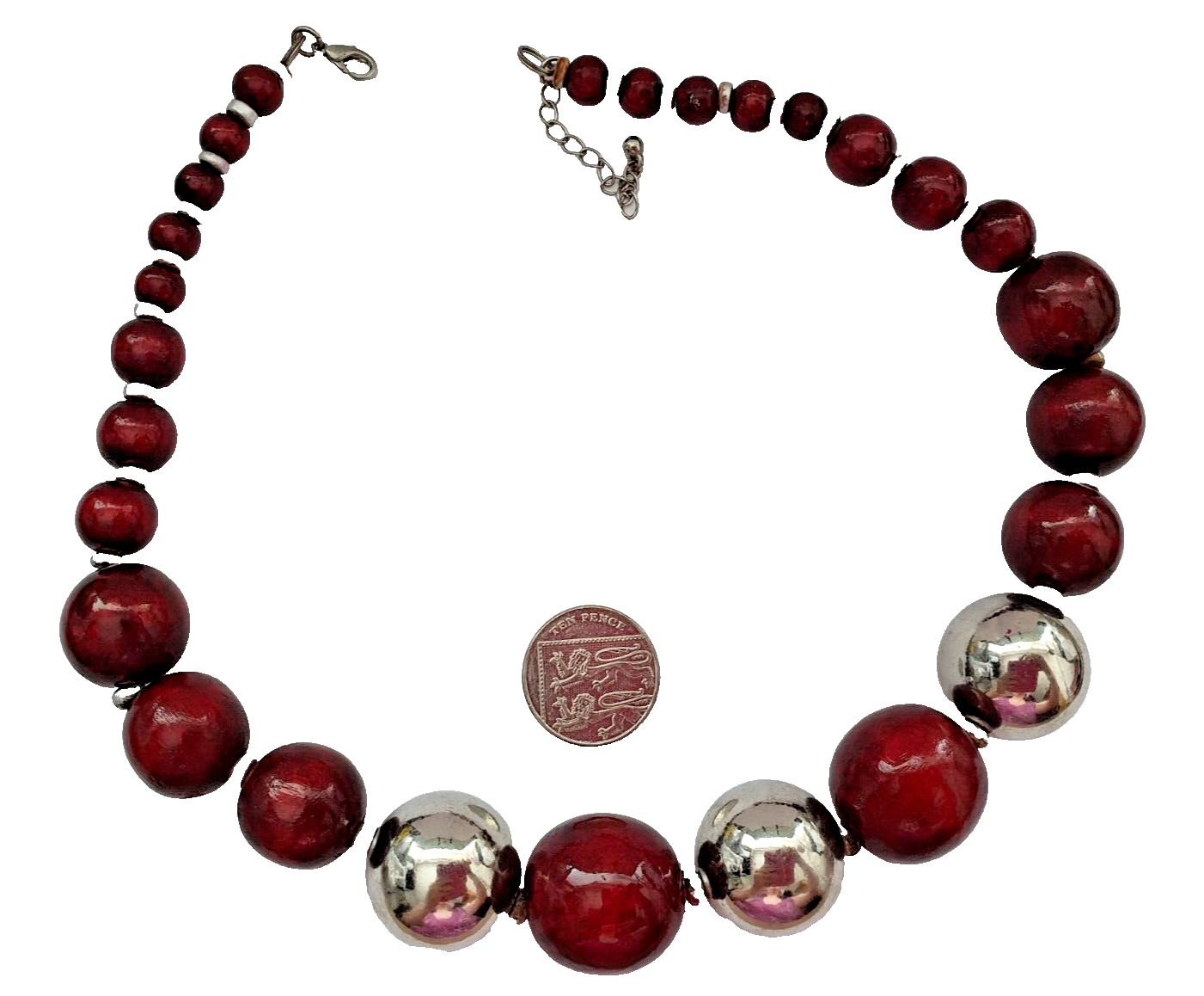 Red Oxblood Silver Tone Statement Chunk Beaded Adjustable Necklace TUB-2942