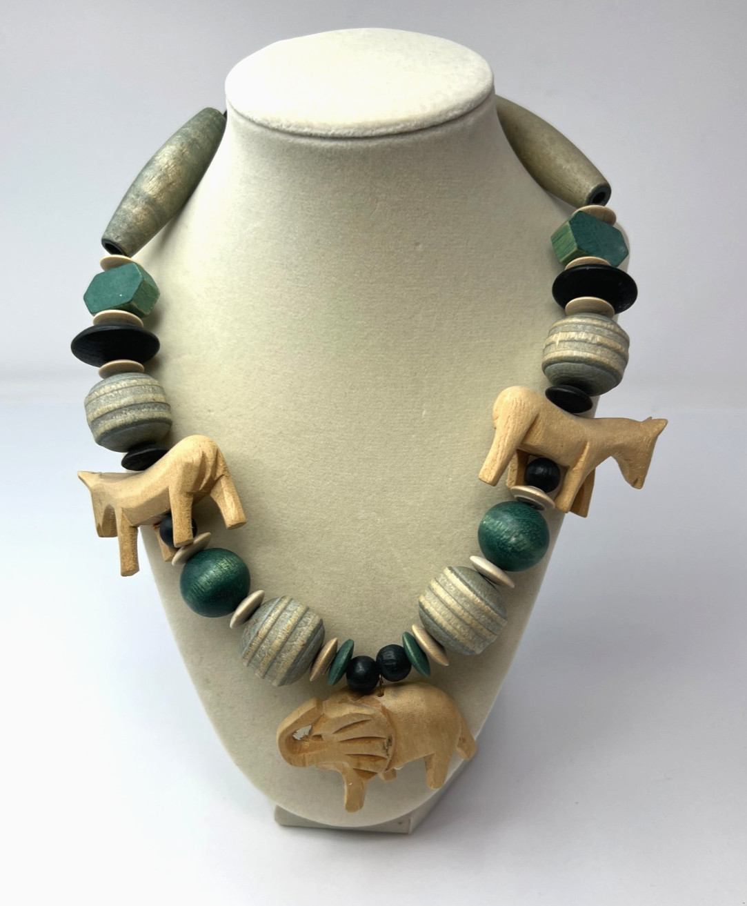 Artsy and Safari Elephant Lions Wooden Chunky Bead Statement Necklace