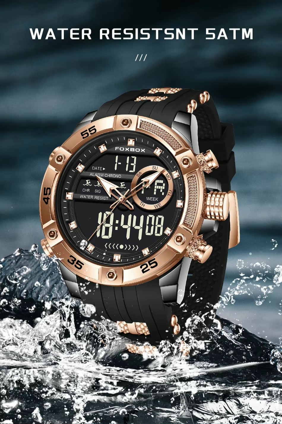 FOXBOX Mens Quartz Luxury Wristwatch Digital Analogue Rose Gold etc.