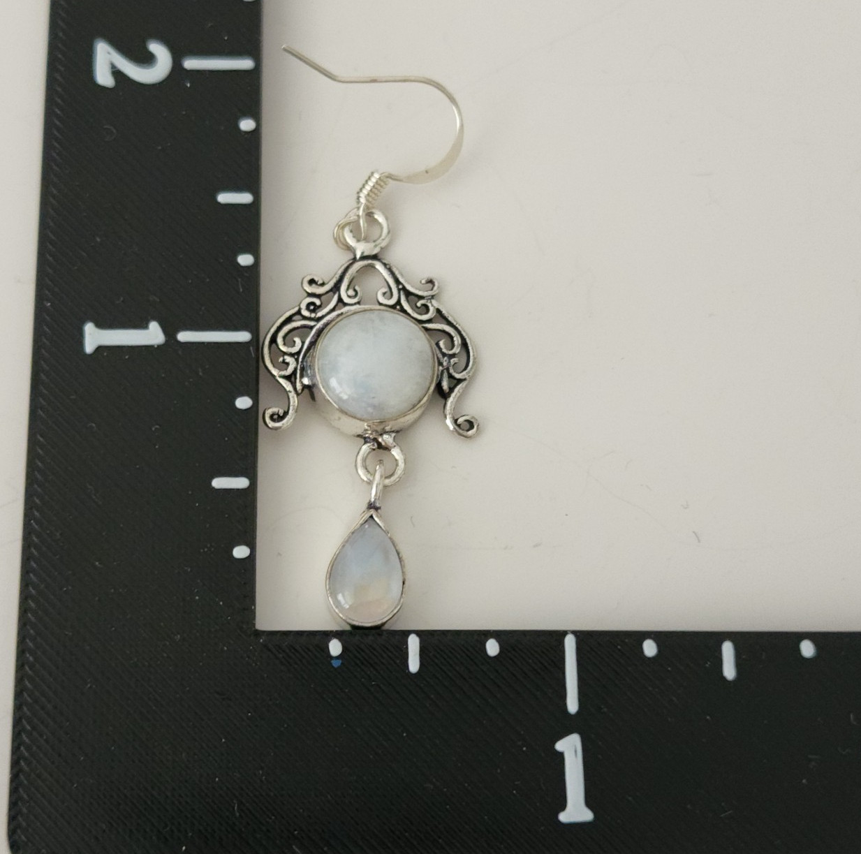 925 Overlay 12.2mm Rainbow Moonstone 2″ Drop Earrings