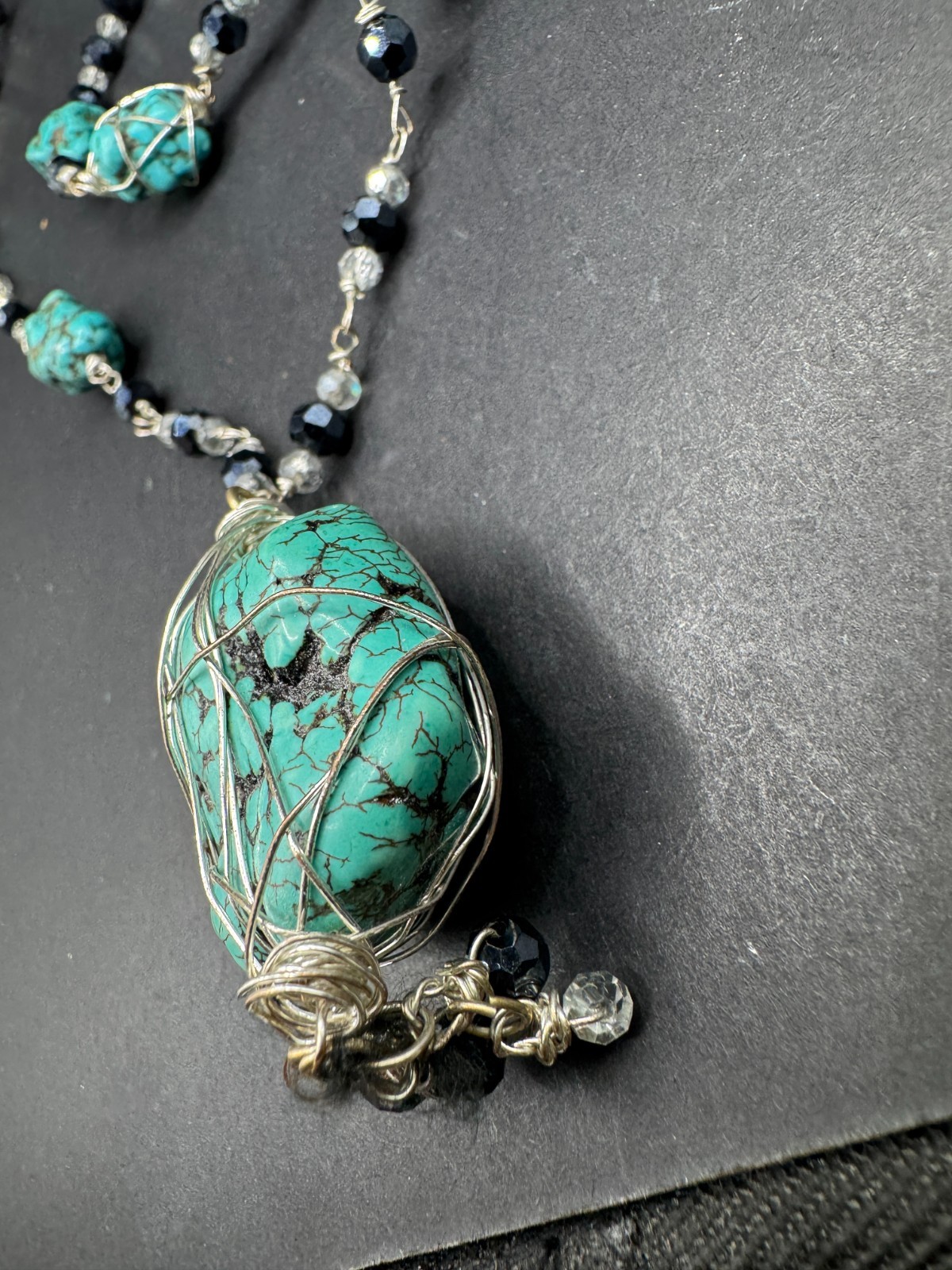 Vtg Handmade Turquoise Nugget & Crystal Necklace & Bracelet Jewelry Set
