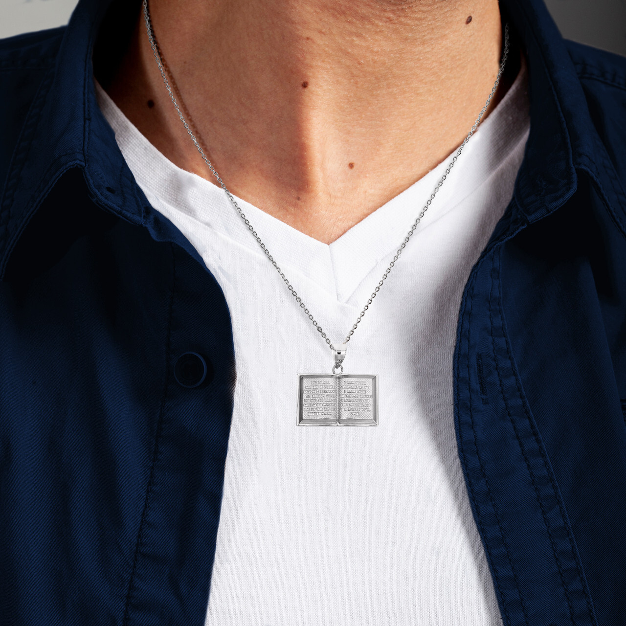 Silver Spanish Open Bible Pendant Necklace