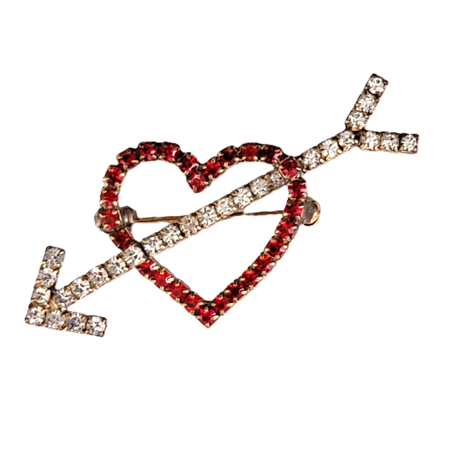VTG Valentine Heart & Arrow Pin Red Clear Rhinestones Gold Tone Delicate Brooch