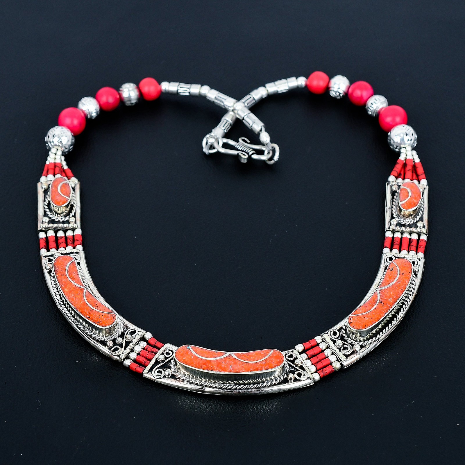 Red Coral 925 Sterling Silver Handmade Jewelry Nepali Tibetan Necklace 18″ PG95