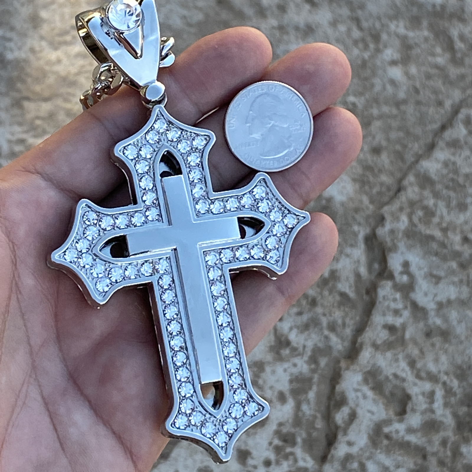 Huge Open Cross Iced Flooded Out CZ Silver Tone Cuban Link Hip Hop Chain 30″