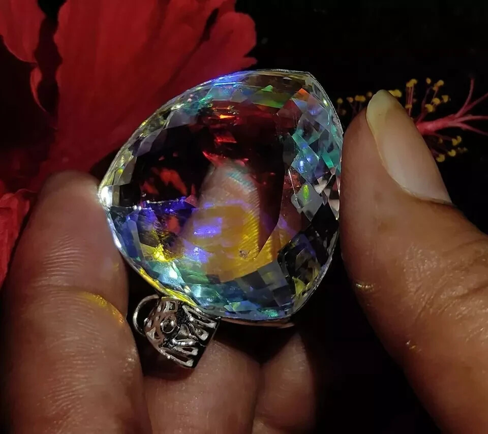 Mystic Topaz 925 Solid Silver Rainbow Trillion Pendant 96 Ct+ Natural Gemstone