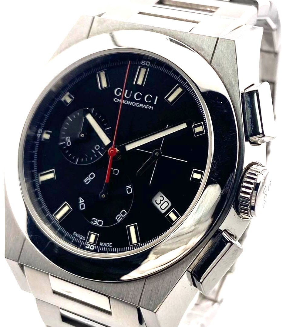 GUCCI Pantheon Chronograph 115.2 Watch Black Dial Steel Silver Men Used