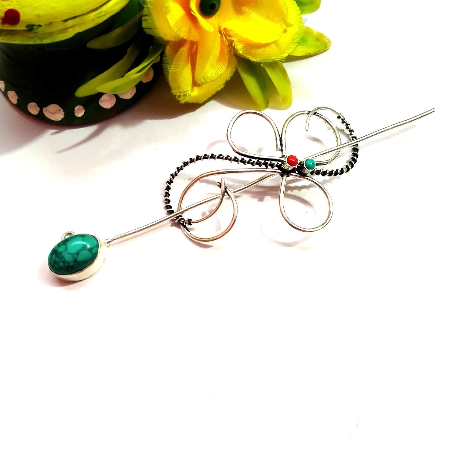 Blue Turquoise Red Coral Handmade Gemstone Hair Pin 925 Sterling Silver Jewelry