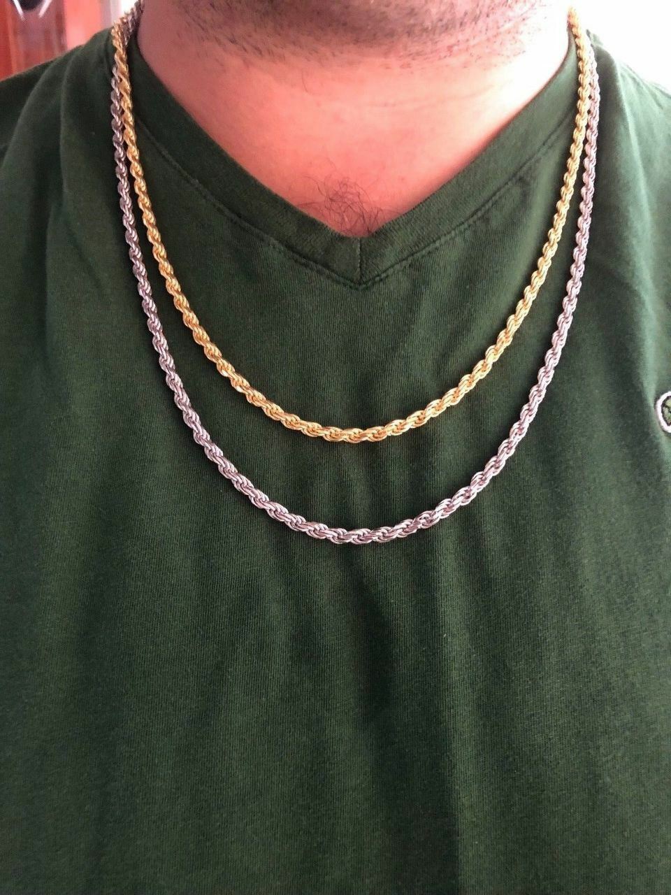 Men’s Solid 925 Sterling Silver / 14k Gold Plated Rope Chain Heavy 4mm ITALY