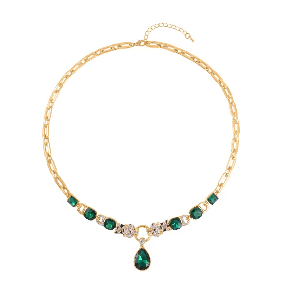 Green Glass and Austrian Crystal Enameled Necklace 20.5-22.5 Inches in Goldtone